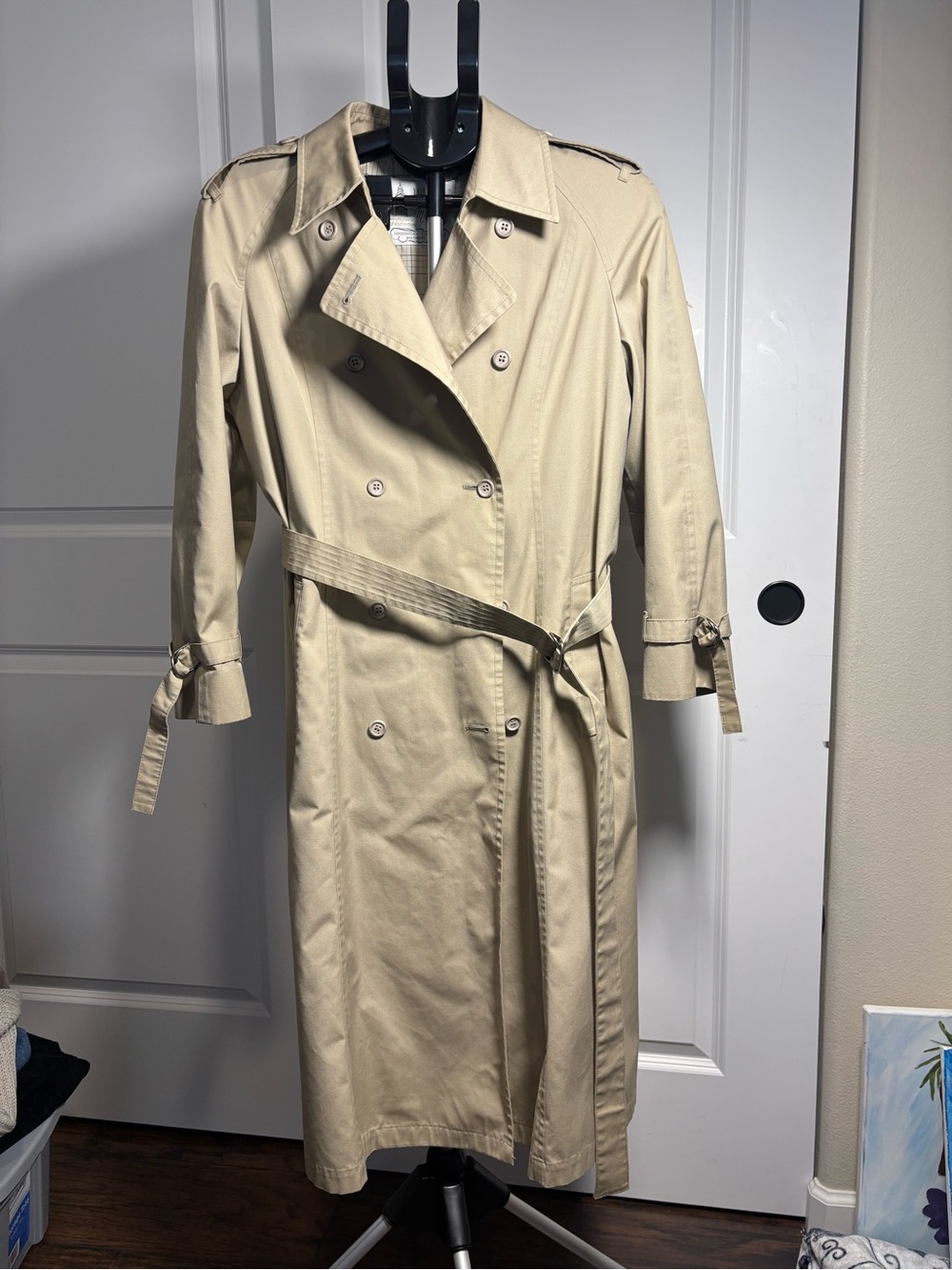 London Fog Beige Trench with Blue Windowpane Lining